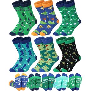6 Pairs Golf Socks for Youth Teen Funny Sports Golf Gift Novelty Crazy Funky Dress Crew Socks Gifts for Golfer Outdoorsman Hunting Running Lovers, Size 7-10