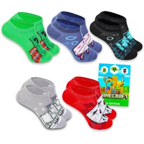 Minecraft Socks Set - 5 Pairs Kids Socks Size 10-4 Age 6-8 Plus Tattoos