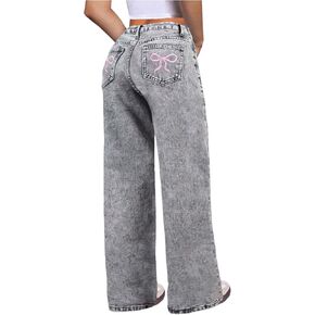 WDIRARA Girl's Bowknot Embroidery Wide Leg Jeans Y2k Baggy Denim Pants