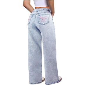 WDIRARA Girl's Bowknot Embroidery Wide Leg Jeans Y2k Baggy Denim Pants in Kuwait