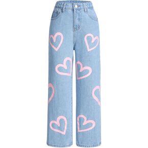 Girl's Heart Print High Waisted Loose Straight Leg Jeans Denim Pants