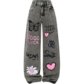 Girl's Y2k Graphic Jeans Butterfly Print Jeans Elastic High Waisted Straight Leg Denim Pants