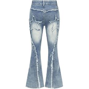 SHENHE Girl's Y2k Flare Jeans Frayed Hem Star Print Bell Bottom Vintage Jeans Denim Pants