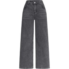 WDIRARA Girl's High Waisted Button Wide Leg Jeans Casual Long Denim Pants with Pocket