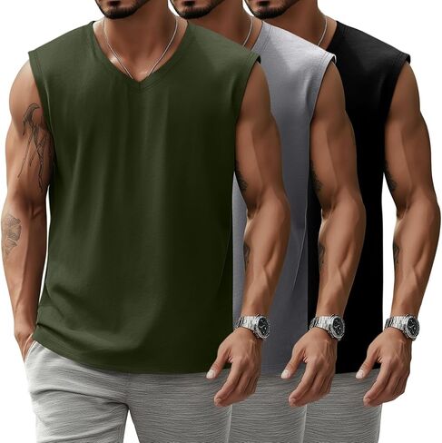 3 Pack Mens V Neck Tank Tops 95% Cotton Sleeveless Big and Tall Muscle Cut Off Shirts Gym Workout Tee in Saudi Arabia