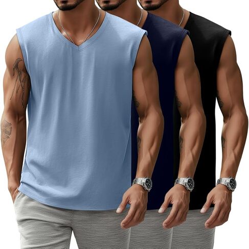 3 Pack Mens V Neck Tank Tops 95% Cotton Sleeveless Big and Tall Muscle Cut Off Shirts Gym Workout Tee in Saudi Arabia