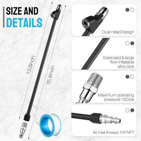 BBTO 5 مجموعات Air Chuck Set 2 Way Connection 13.8 "Tyre Extended Tyre Chuck 1/4 في FNPT Foot Foot Dual Head Tyre يتضخم بشريط توصيل قياسي لإطارات RV Truck RV Semi (أسود) in Kuwait