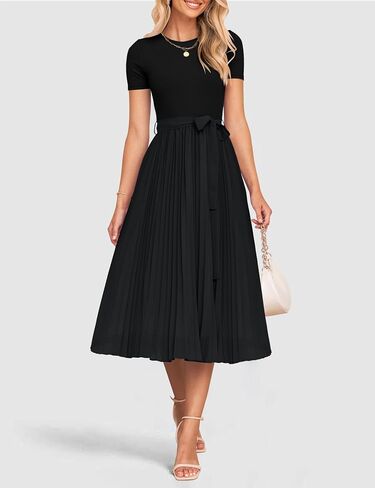 Zesica Womens 2025 Summer Short Sleeve Midi Dresses Discal Crew Neck متماسكة مربوطة مطوية على خط زفاف ضيف in Kuwait