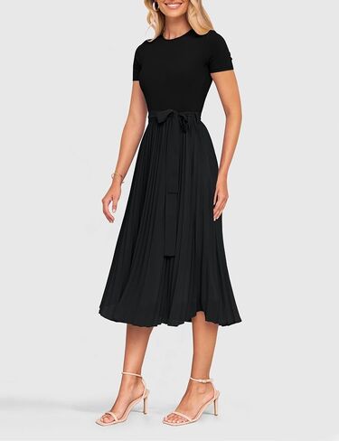 Zesica Womens 2025 Summer Short Sleeve Midi Dresses Discal Crew Neck متماسكة مربوطة مطوية على خط زفاف ضيف in Kuwait