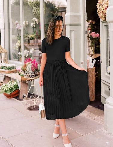 Zesica Womens 2025 Summer Short Sleeve Midi Dresses Discal Crew Neck متماسكة مربوطة مطوية على خط زفاف ضيف in Kuwait