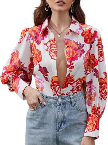 Genleck Blouses for Women Button Down Shirts Boho Floral Tops Long Sleeve V Neck Trendy Blouse Dressy Casual Fall Fashion in Saudi Arabia