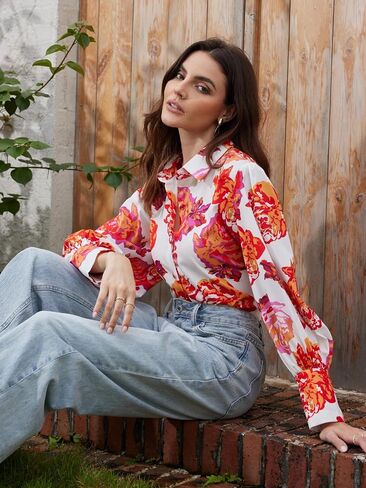 Genleck Blouses for Women Button Down Shirts Boho Floral Tops Long Sleeve V Neck Trendy Blouse Dressy Casual Fall Fashion in Saudi Arabia