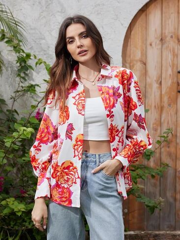 Genleck Blouses for Women Button Down Shirts Boho Floral Tops Long Sleeve V Neck Trendy Blouse Dressy Casual Fall Fashion in Saudi Arabia