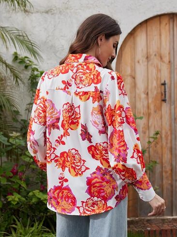 Genleck Blouses for Women Button Down Shirts Boho Floral Tops Long Sleeve V Neck Trendy Blouse Dressy Casual Fall Fashion in Saudi Arabia