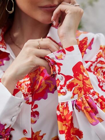Genleck Blouses for Women Button Down Shirts Boho Floral Tops Long Sleeve V Neck Trendy Blouse Dressy Casual Fall Fashion in Saudi Arabia