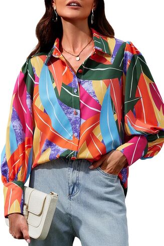 Genleck Blouses for Women Button Down Shirts Boho Floral Tops Long Sleeve V Neck Trendy Blouse Dressy Casual Fall Fashion in Saudi Arabia