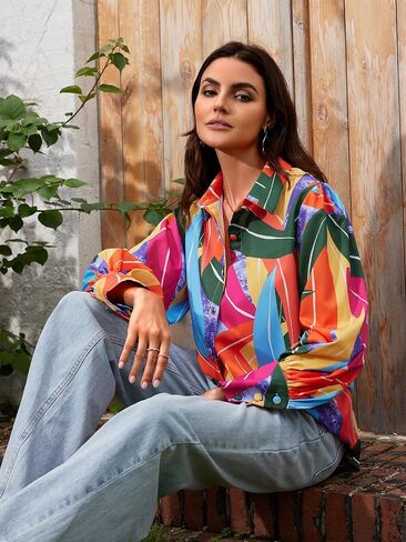 Genleck Blouses for Women Button Down Shirts Boho Floral Tops Long Sleeve V Neck Trendy Blouse Dressy Casual Fall Fashion in Saudi Arabia
