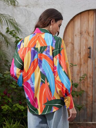 Genleck Blouses for Women Button Down Shirts Boho Floral Tops Long Sleeve V Neck Trendy Blouse Dressy Casual Fall Fashion in Saudi Arabia