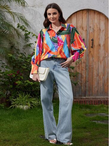 Genleck Blouses for Women Button Down Shirts Boho Floral Tops Long Sleeve V Neck Trendy Blouse Dressy Casual Fall Fashion in Saudi Arabia