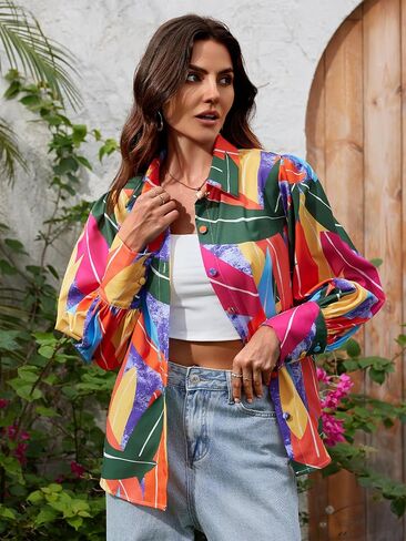 Genleck Blouses for Women Button Down Shirts Boho Floral Tops Long Sleeve V Neck Trendy Blouse Dressy Casual Fall Fashion in Saudi Arabia