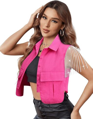 MYMORE Womens Sleeveless Rhinestone Fringe Cropped Button Down Shirt Vest Sparkly Western Country Concert Outfit with Pockets in Kuwait