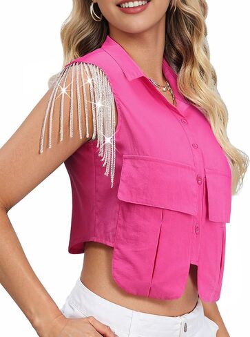 MYMORE Womens Sleeveless Rhinestone Fringe Cropped Button Down Shirt Vest Sparkly Western Country Concert Outfit with Pockets in Kuwait