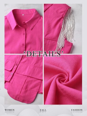 MYMORE Womens Sleeveless Rhinestone Fringe Cropped Button Down Shirt Vest Sparkly Western Country Concert Outfit with Pockets in Kuwait