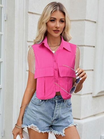 MYMORE Womens Sleeveless Rhinestone Fringe Cropped Button Down Shirt Vest Sparkly Western Country Concert Outfit with Pockets in Kuwait