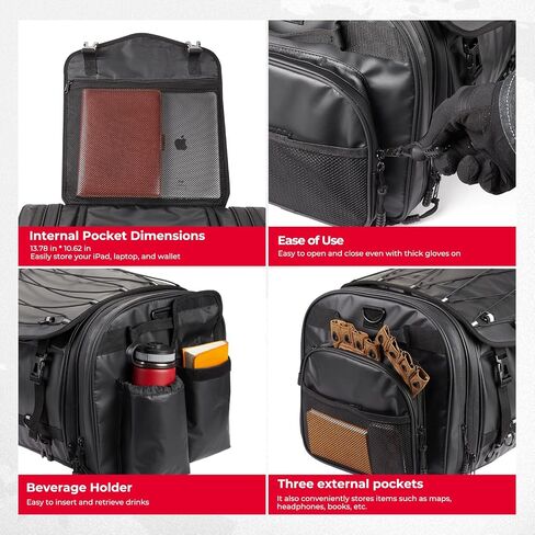KEMIMOTO Motorcycle Travel Luggage Bags, 60L Expandable Large Capacity Motorcycle Tail Bag, Waterproof Rear Rack Trunk, Motor Pannier Bag with Rain Cover and Straps in Kuwait