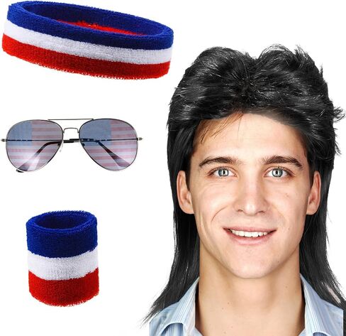 Chuangdi 4th of July Mullet Wigs for Men 80s Men's Mullet Wig Independence Day Disco Usa Wristband patriotic American Flag Sunglasses 80s Costume Party in Saudi Arabia