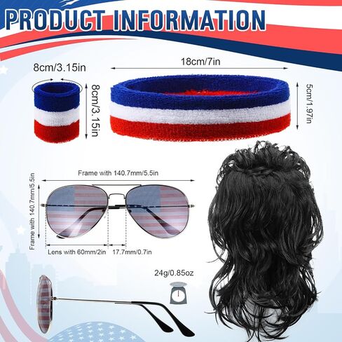 Chuangdi 4th of July Mullet Wigs for Men 80s Men's Mullet Wig Independence Day Disco Usa Wristband patriotic American Flag Sunglasses 80s Costume Party in Saudi Arabia