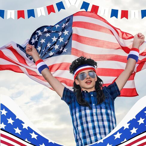 Chuangdi 4th of July Mullet Wigs for Men 80s Men's Mullet Wig Independence Day Disco Usa Wristband patriotic American Flag Sunglasses 80s Costume Party in Saudi Arabia