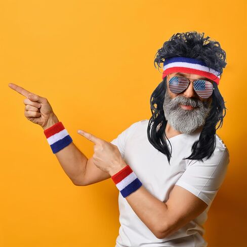 Chuangdi 4th of July Mullet Wigs for Men 80s Men's Mullet Wig Independence Day Disco Usa Wristband patriotic American Flag Sunglasses 80s Costume Party in Saudi Arabia