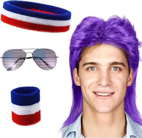 Chuangdi 4th of July Mullet Wigs for Men 80s Men's Mullet Wig Independence Day Disco Usa Wristband patriotic American Flag Sunglasses 80s Costume Party in Saudi Arabia