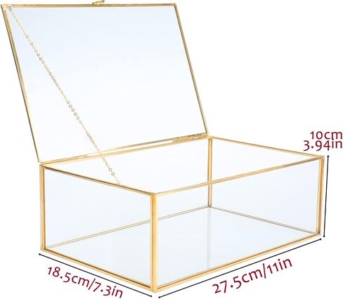HighFree Vintage Glass Box with Lid - Clear Jewelry Glass Display Box Keepsake Box - Home Decor Decorative Box for Trinket Rings Bracelet (Gold, Large) in Kuwait