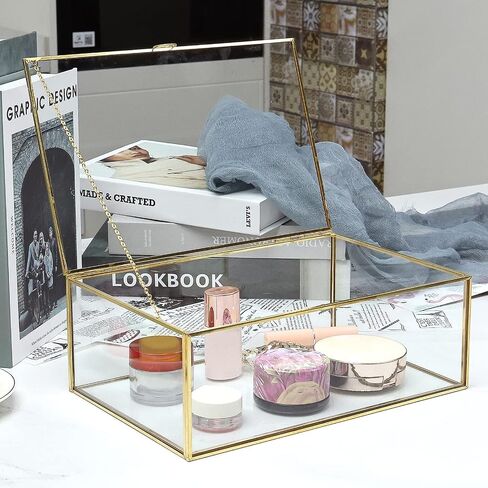 HighFree Vintage Glass Box with Lid - Clear Jewelry Glass Display Box Keepsake Box - Home Decor Decorative Box for Trinket Rings Bracelet (Gold, Large) in Kuwait