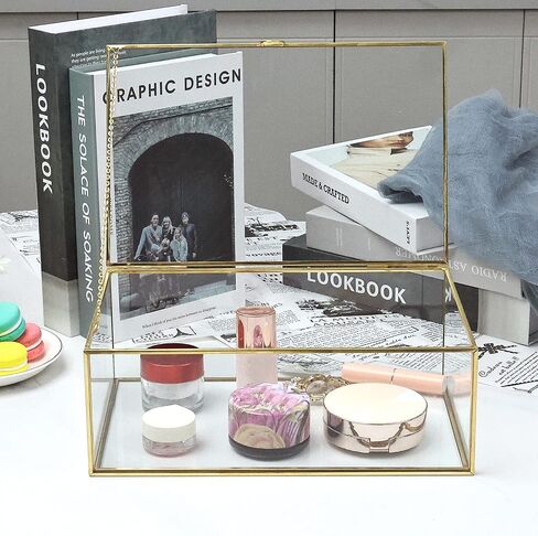 HighFree Vintage Glass Box with Lid - Clear Jewelry Glass Display Box Keepsake Box - Home Decor Decorative Box for Trinket Rings Bracelet (Gold, Large) in Kuwait