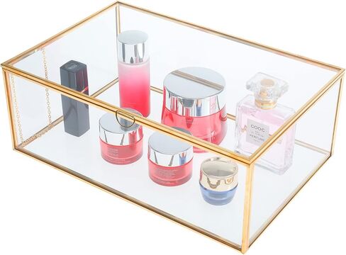 HighFree Vintage Glass Box with Lid - Clear Jewelry Glass Display Box Keepsake Box - Home Decor Decorative Box for Trinket Rings Bracelet (Gold, Large) in Kuwait