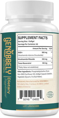 800 mg Liposomal NAD+ Supplement with Nicotinamide Riboside 200 mg, Trans-Resveratrol 100 mg - True NAD Supplement for DNA Repair, Healthy Aging, Brain Function - 60-Day Supply in Saudi Arabia
