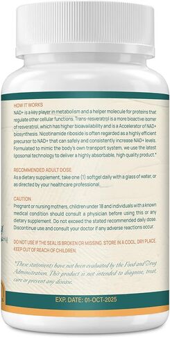 800 mg Liposomal NAD+ Supplement with Nicotinamide Riboside 200 mg, Trans-Resveratrol 100 mg - True NAD Supplement for DNA Repair, Healthy Aging, Brain Function - 60-Day Supply in Saudi Arabia