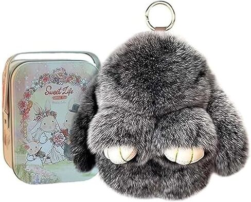 Bunny Lulu keychain with tin, handmade soft and cute rabbit pompom pendant, Bunny Cute Plush Keychain in Saudi Arabia