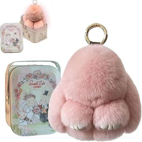Bunny Lulu keychain with tin, handmade soft and cute rabbit pompom pendant, Bunny Cute Plush Keychain in Saudi Arabia