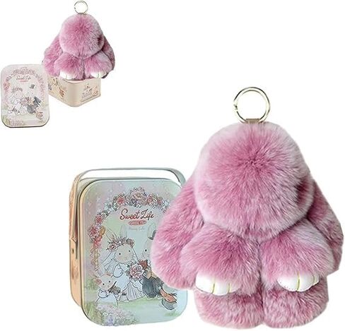 Bunny Lulu keychain with tin, handmade soft and cute rabbit pompom pendant, Bunny Cute Plush Keychain in Saudi Arabia