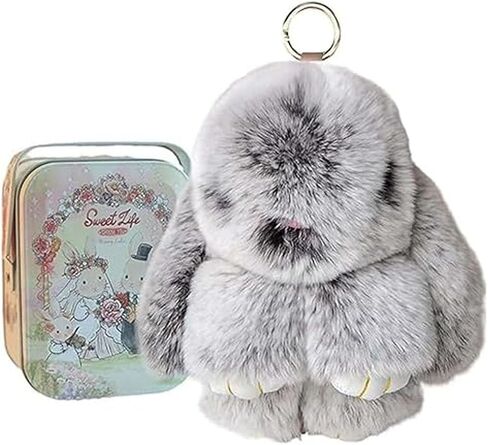 Bunny Lulu keychain with tin, handmade soft and cute rabbit pompom pendant, Bunny Cute Plush Keychain in Saudi Arabia