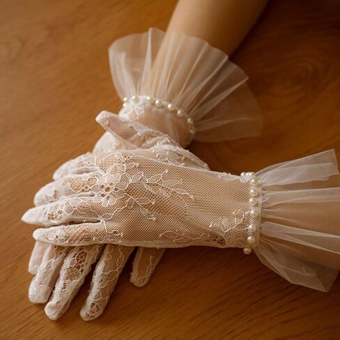 Long Keeper Lace Gloves for Women - Ladies Elegant Tulle Wedding Pearl Gloves Short Opera Tea Party Floral Bridal Gloves in Saudi Arabia