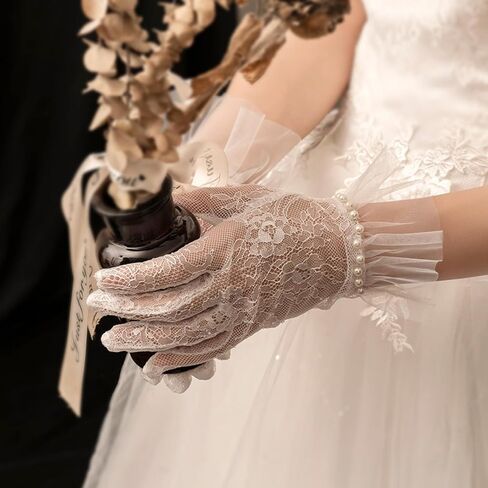Long Keeper Lace Gloves for Women - Ladies Elegant Tulle Wedding Pearl Gloves Short Opera Tea Party Floral Bridal Gloves in Saudi Arabia