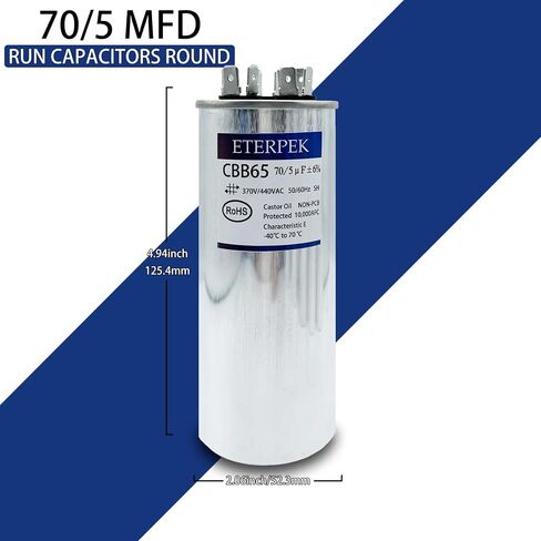 ETERPEK 45+5 uF 45/5 MFD ±6% 370V/440VAC CBB65 Dual Run Start Capacitor for AC Round A/C Capacitor for Motor Run, Condenser Straight Cool, Heat Pump, Air conditioner, AC Unit Fan, HVAC in Saudi Arabia