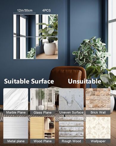 بلاط مرآة الجدار الكامل الطول ، 12 '× 12' 'x 4pcs ، مرآة الجسم الكاملة غير القابلة للكسر لساحات غرفة النوم مرآة مقاومة للتشويش مثبتة على جيم صالة الألعاب الرياضية المنزلية in Kuwait