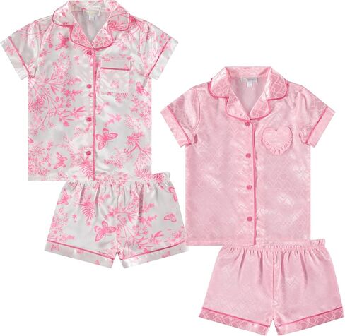 BTween Girls Satin Pajama Set 4 Pack, Short Sleeve Button-Down Sleepwear for Kids, Soft and Breathable Nightwear in Saudi Arabia