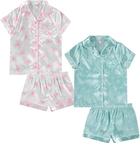 Btween Girls Satin Pajama مجموعة 4 عبوات ، وأكمام قصيرة من ملابس النوم لأسفل للأطفال ، والملابس الليلية الناعمة والتنفس in Saudi Arabia